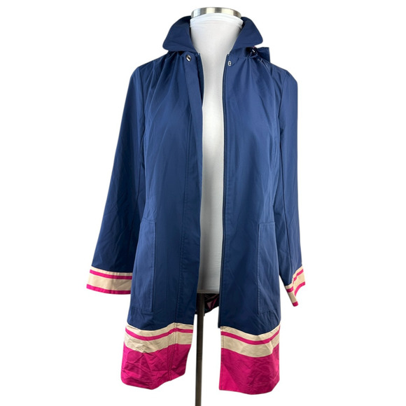 Chico's Hooded Rain Jacket Pleated Back Striped Hem Full Zip Navy Sz 2 US 12/14 - Picture 6 of 15